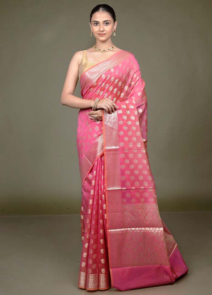 Pink Kora Silk Saree With Blouse Piece - Image 2