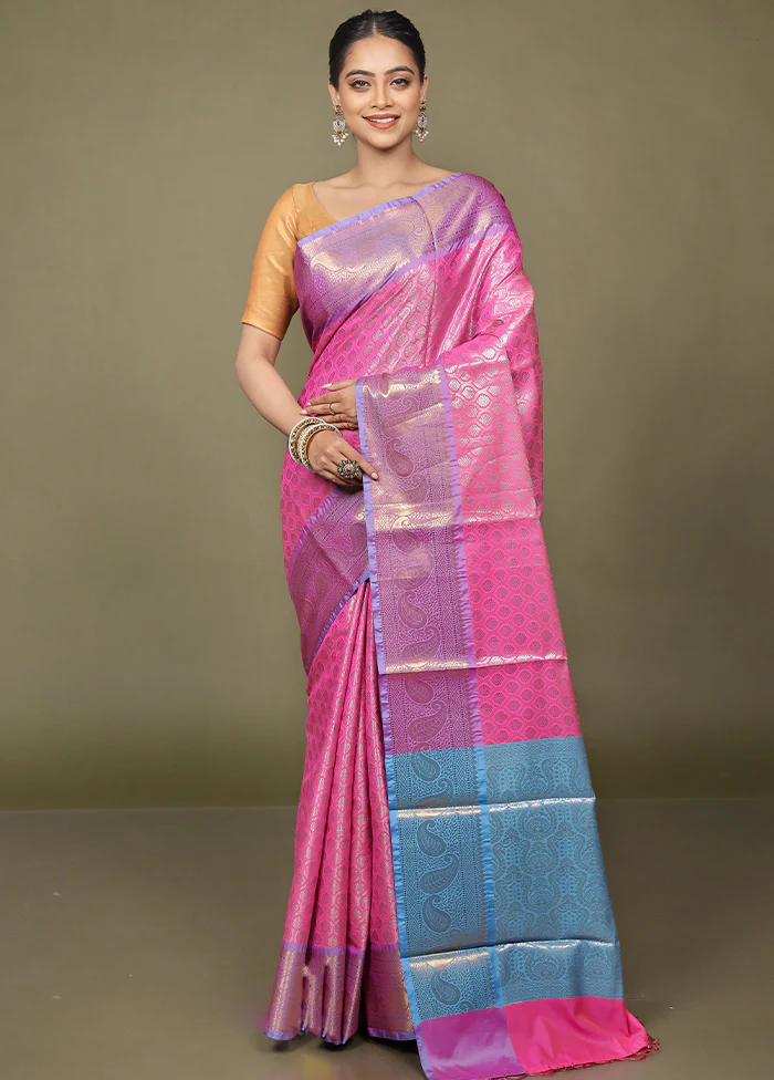 Pink Kora Silk Saree With Blouse Piece - Image 2