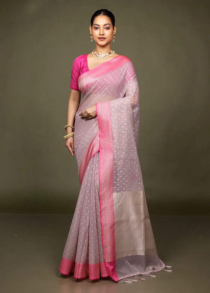 Pink Kora Silk Saree With Blouse Piece - Image 2