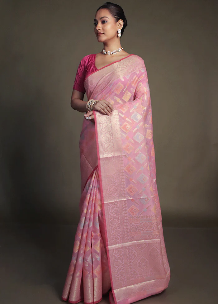 Pink Kora Silk Saree With Blouse Piece - Image 4