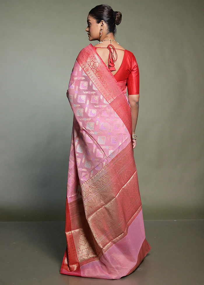 Pink Kora Silk Saree With Blouse Piece - Image 3