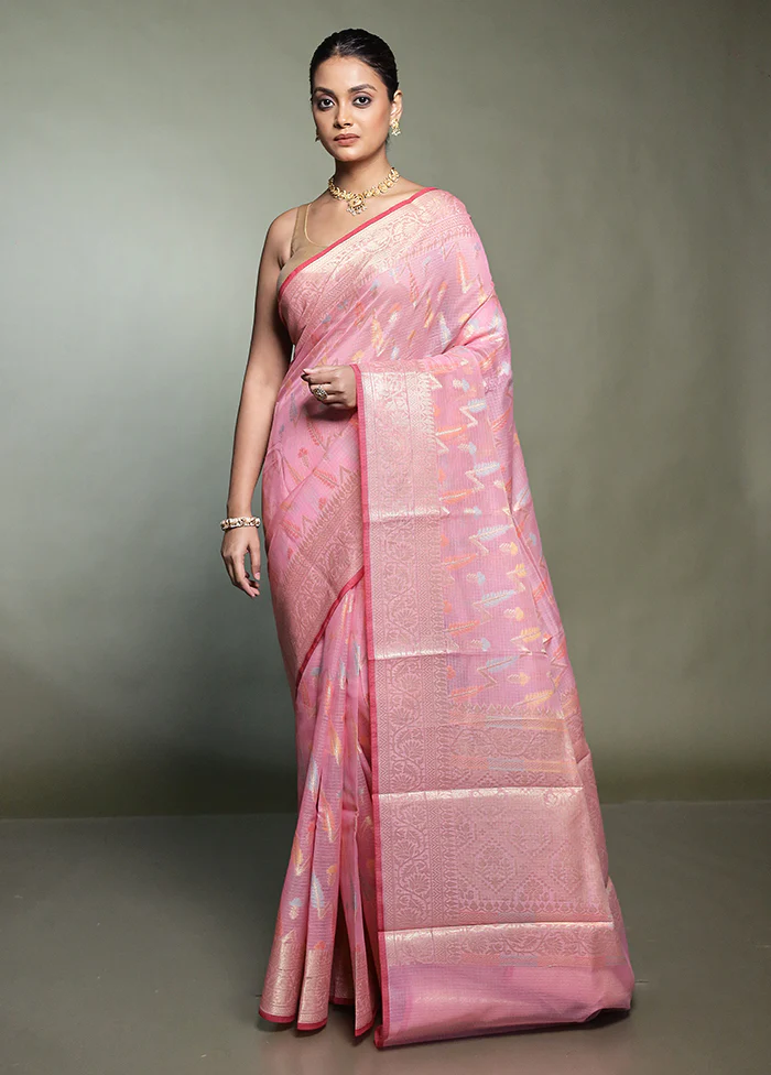 Pink Kora Silk Saree With Blouse Piece - Image 2