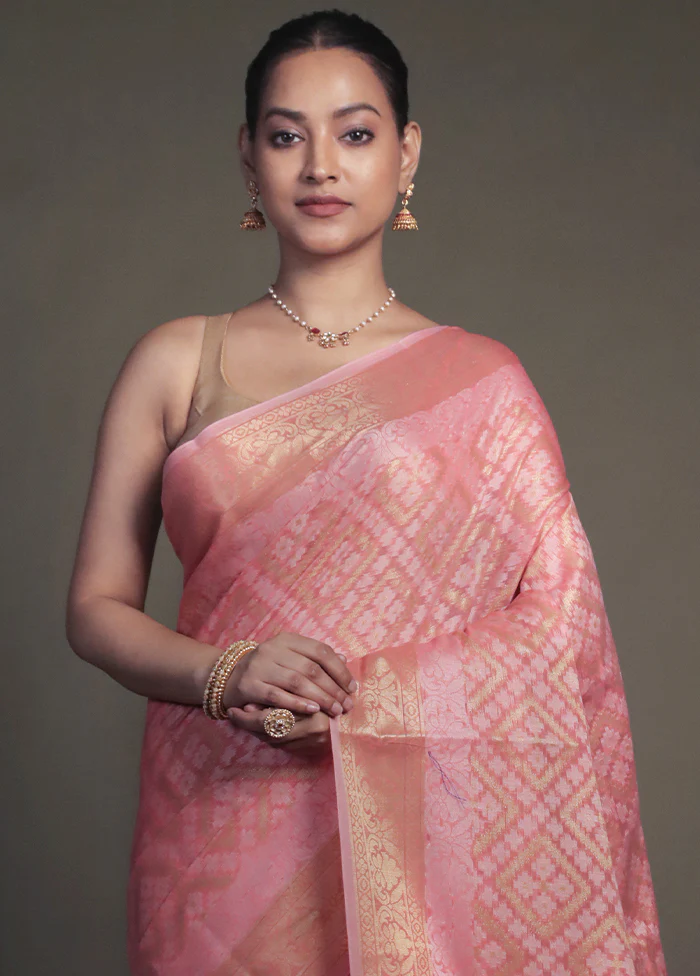 Pink Kora Silk Saree With Blouse Piece - Image 2