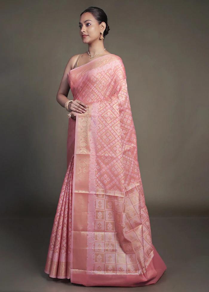 Pink Kora Silk Saree With Blouse Piece - Image 4
