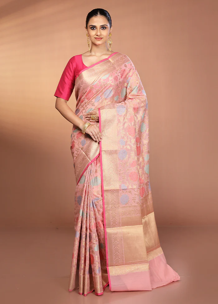 Pink Kora Silk Saree With Blouse Piece - Image 2