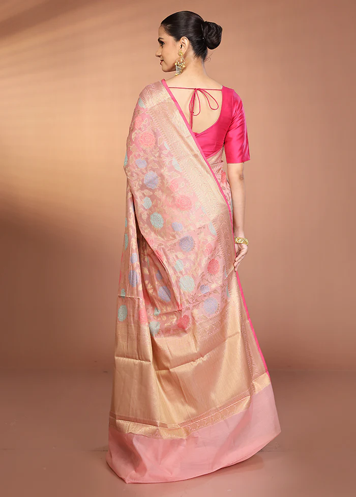 Pink Kora Silk Saree With Blouse Piece - Image 3