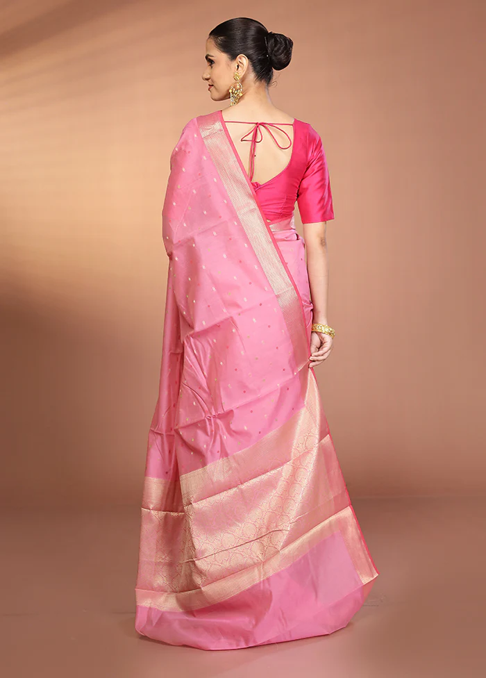 Pink Kora Silk Saree With Blouse Piece - Image 3