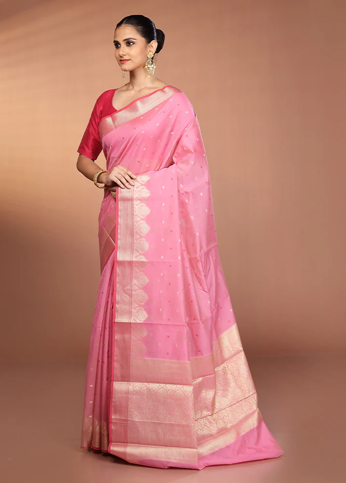 Pink Kora Silk Saree With Blouse Piece - Image 4