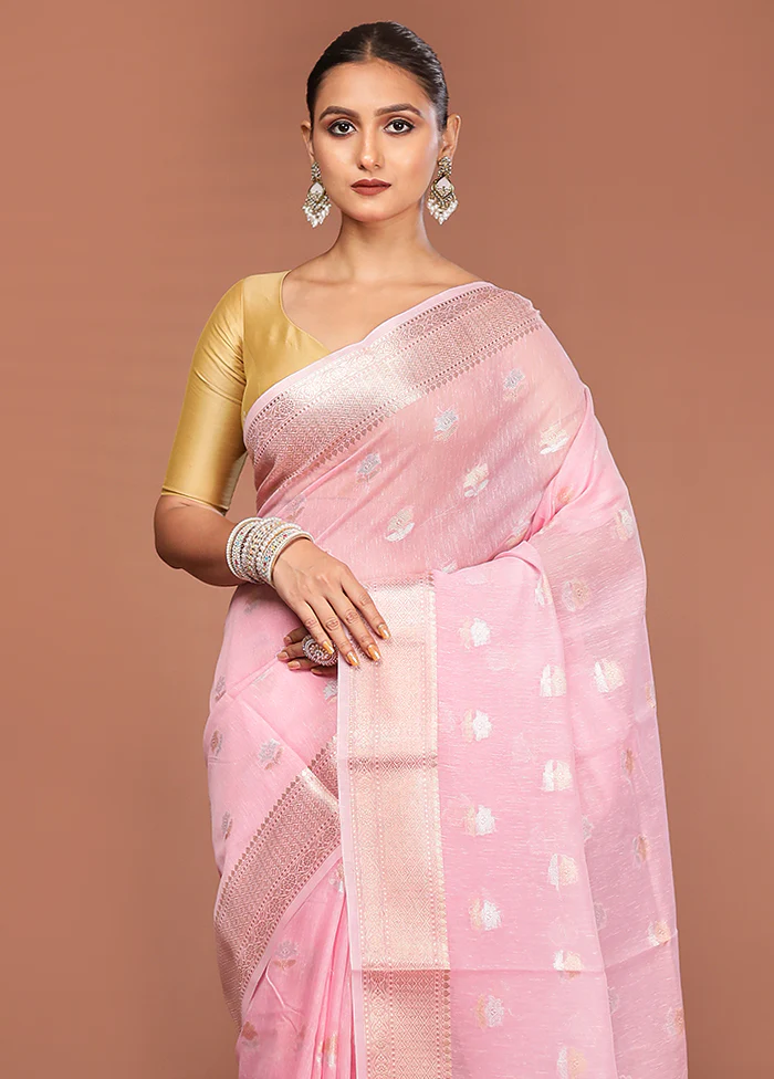 Pink Kora Silk Saree With Blouse Piece