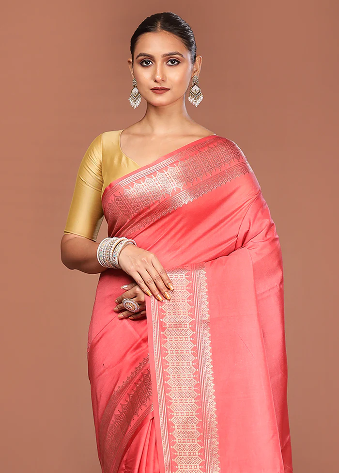 Pink Kora Silk Saree With Blouse Piece