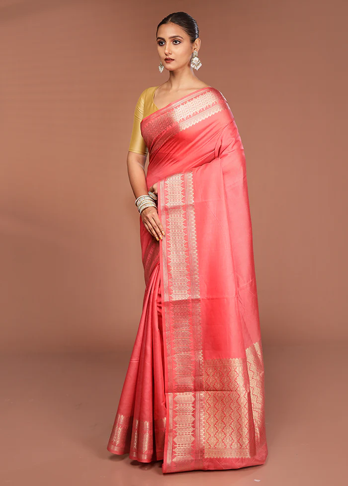 Pink Kora Silk Saree With Blouse Piece - Image 4