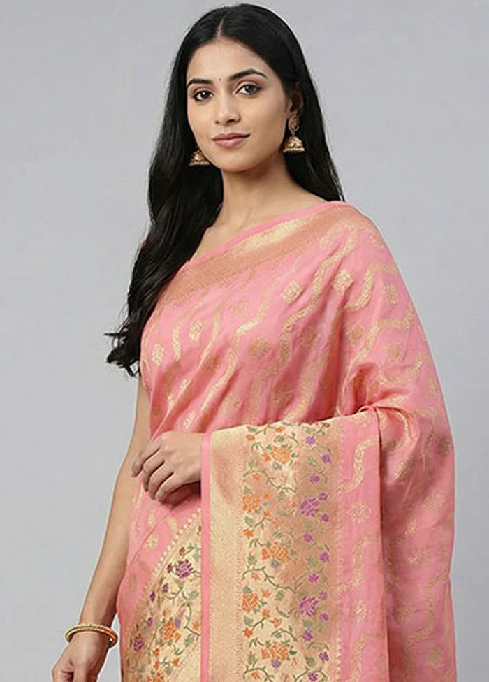 Pink Kora Silk Saree With Blouse Piece - Image 2