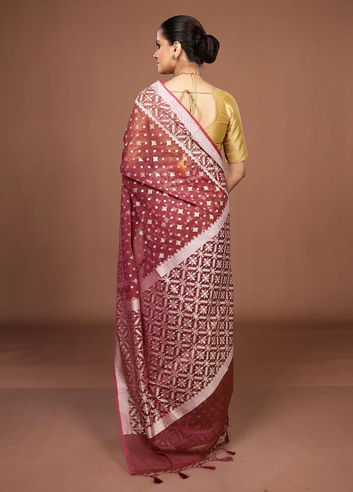 Pink Kora Silk Saree With Blouse Piece - Image 3