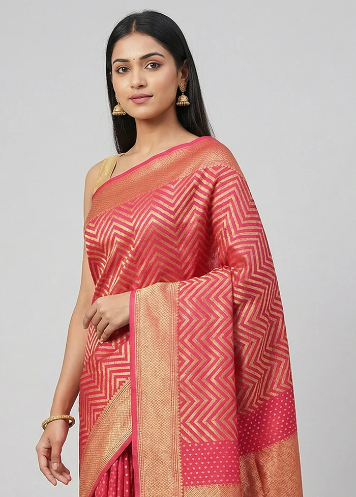 Pink Kora Silk Saree With Blouse Piece - Image 2