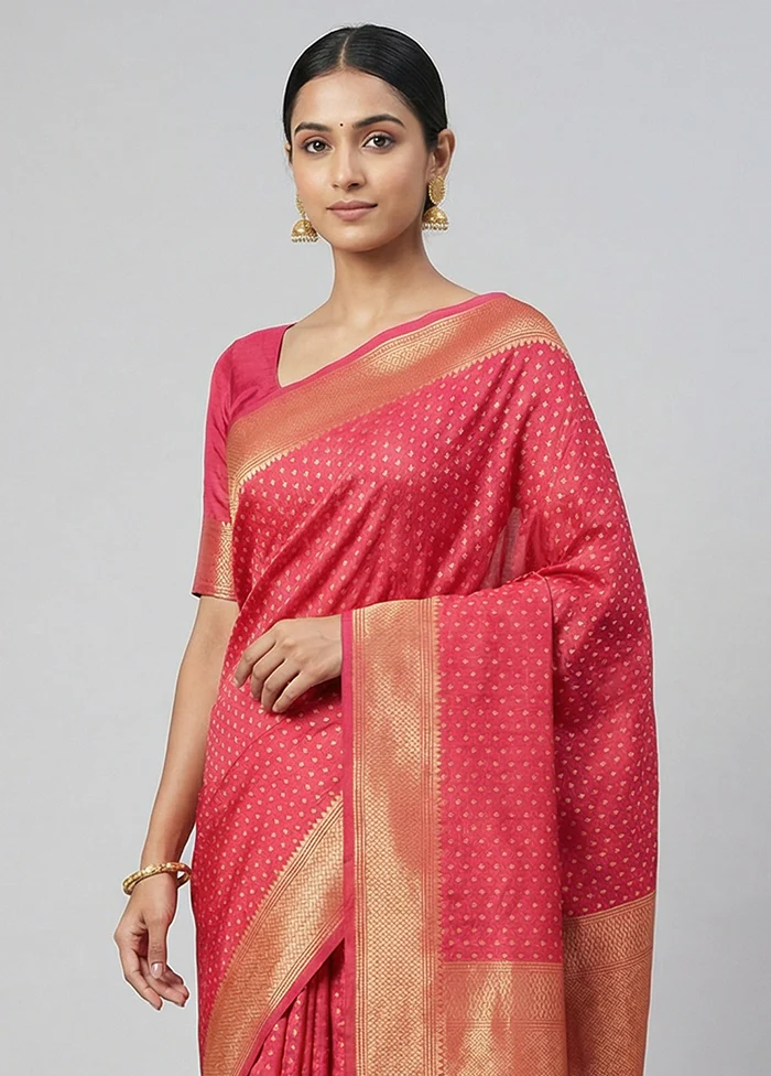 Pink Kora Silk Saree With Blouse Piece - Image 2