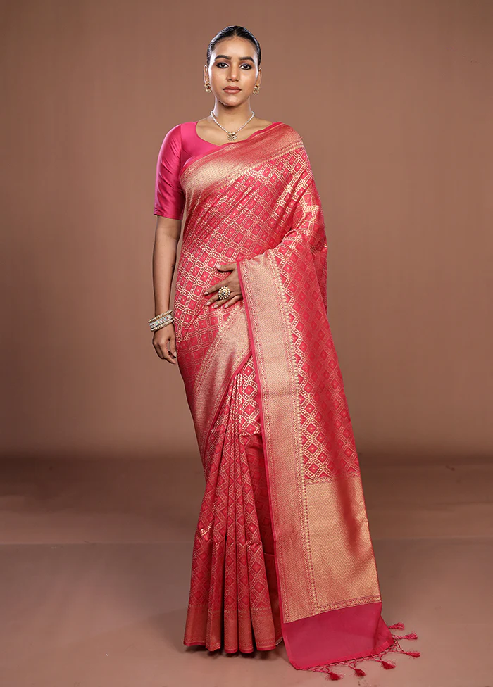 Pink Kora Silk Saree With Blouse Piece - Image 2