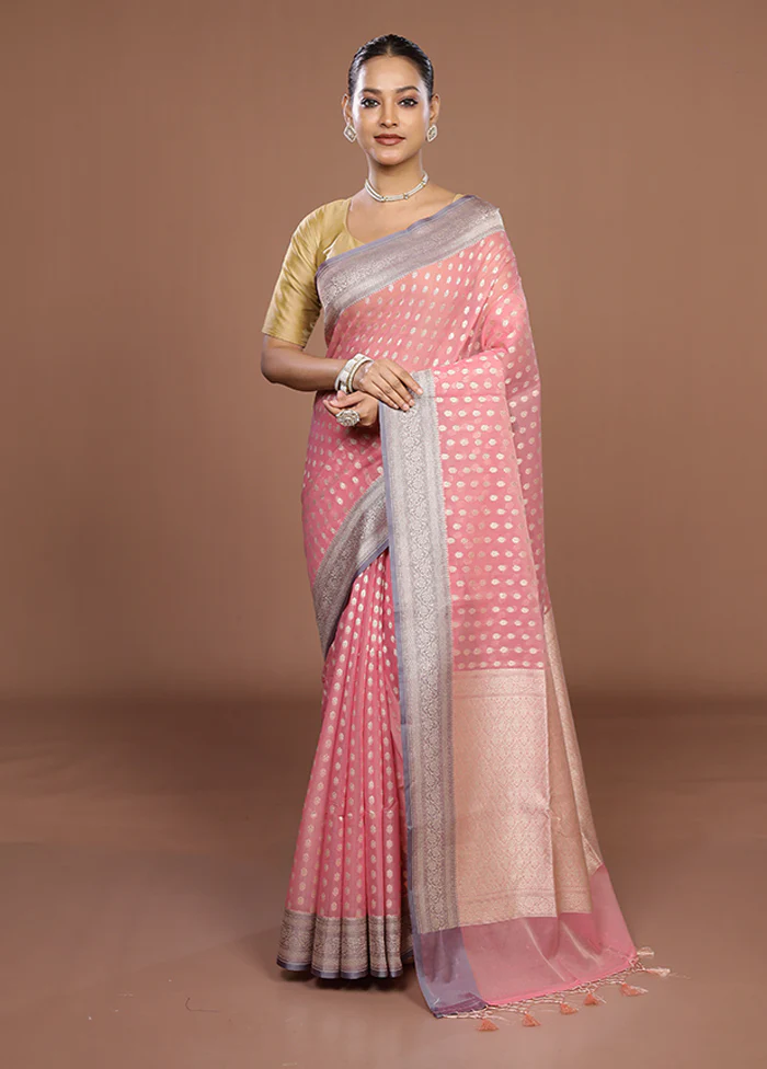 Pink Kora Silk Saree With Blouse Piece - Image 2