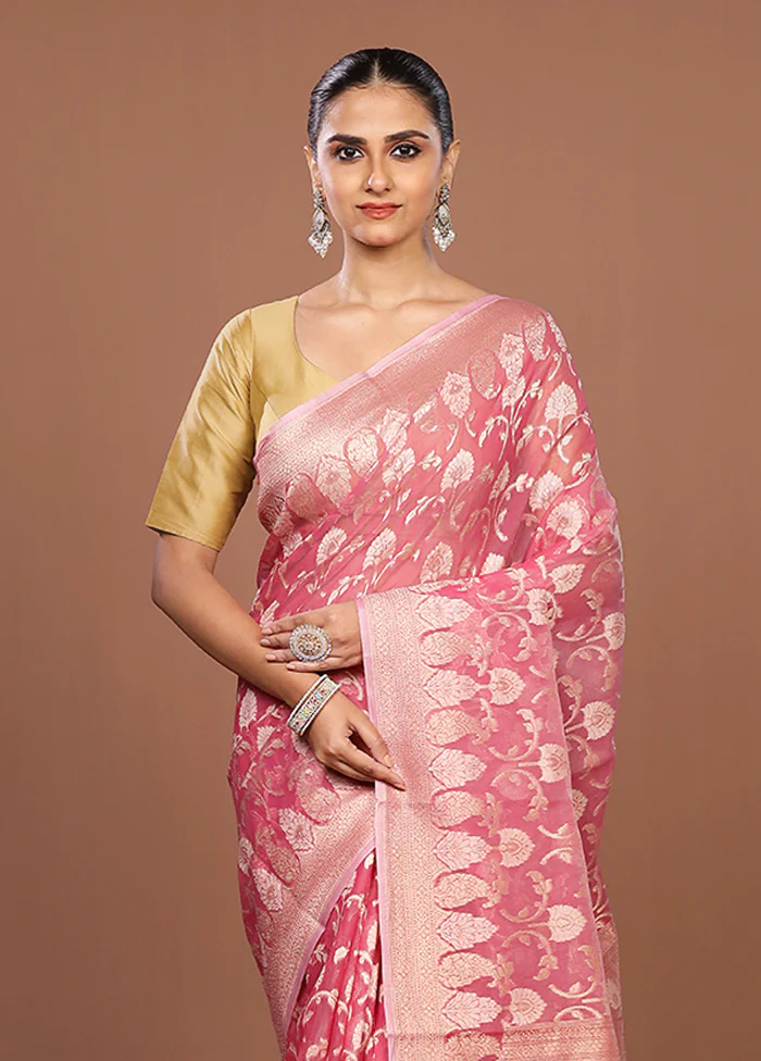 Pink Kora Silk Saree With Blouse Piece