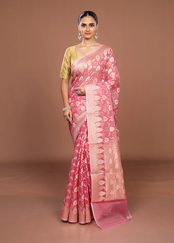 Pink Kora Silk Saree With Blouse Piece - Image 2