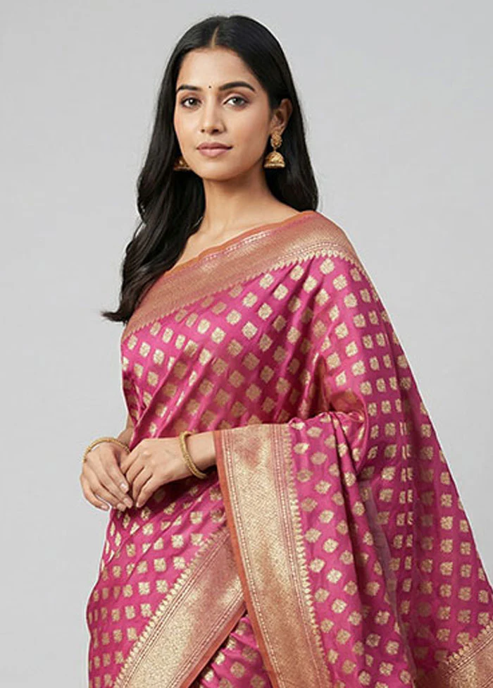 Pink Kora Silk Saree With Blouse Piece - Image 2