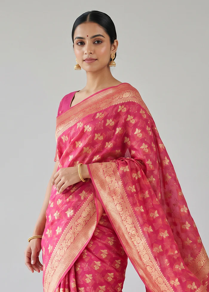 Pink Kora Silk Saree With Blouse Piece - Image 2