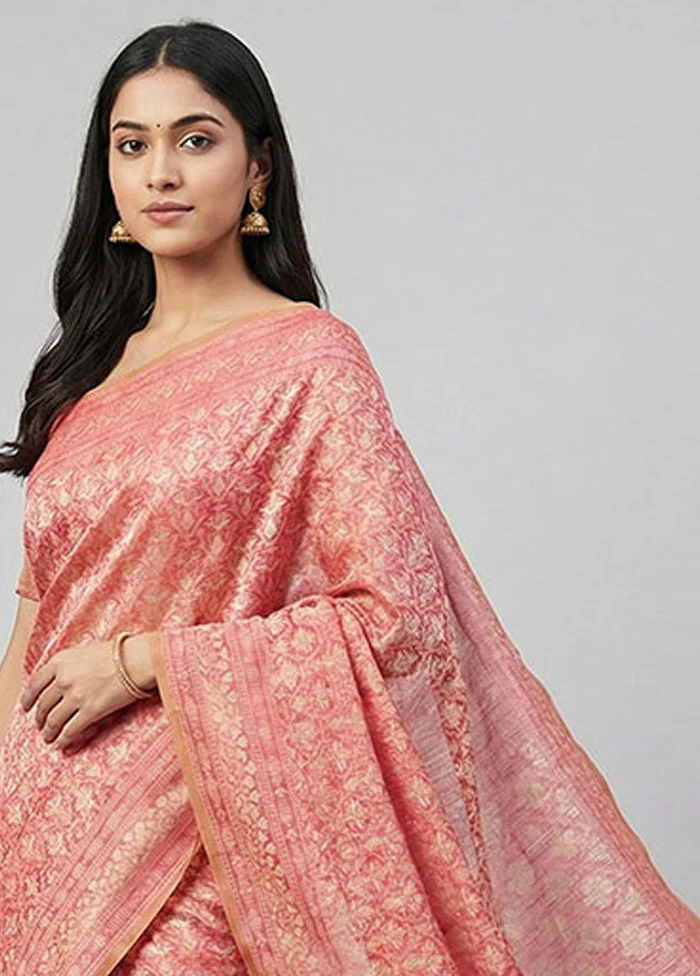 Pink Kora Silk Saree With Blouse Piece - Image 2