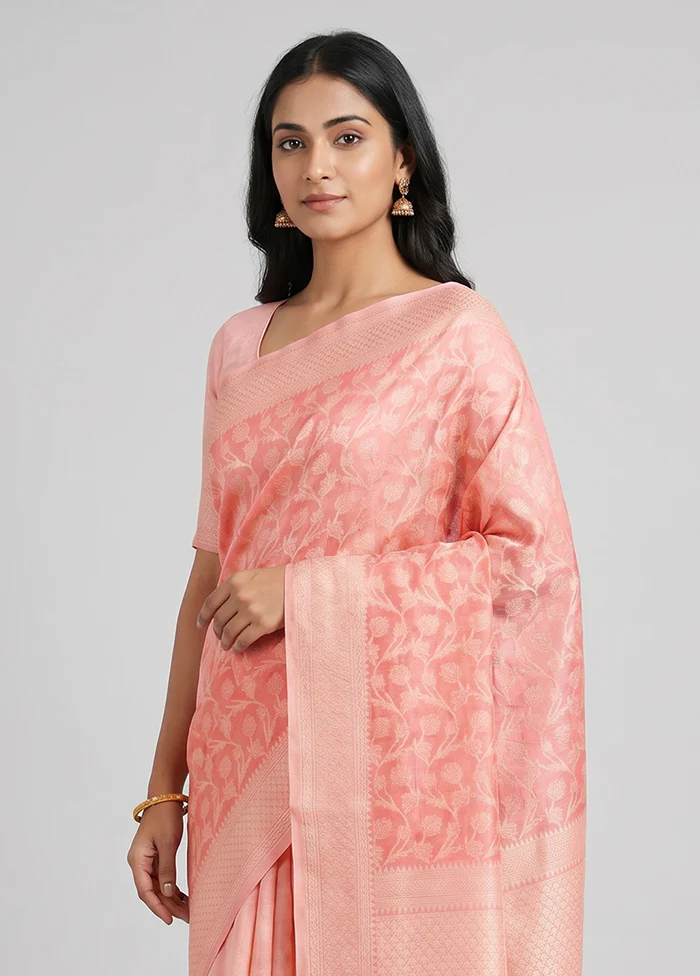 Pink Kora Silk Saree With Blouse Piece - Image 2