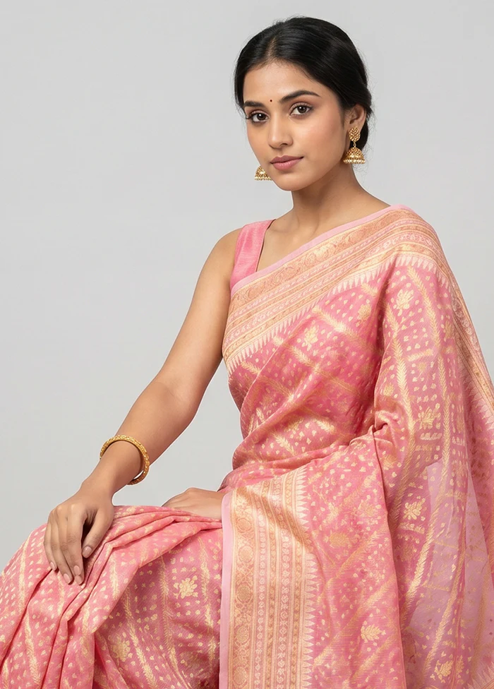 Pink Kora Silk Saree With Blouse Piece - Image 2