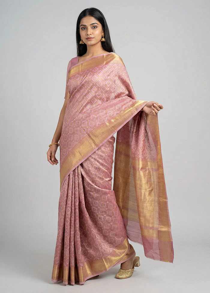 Pink Kora Silk Saree With Blouse Piece