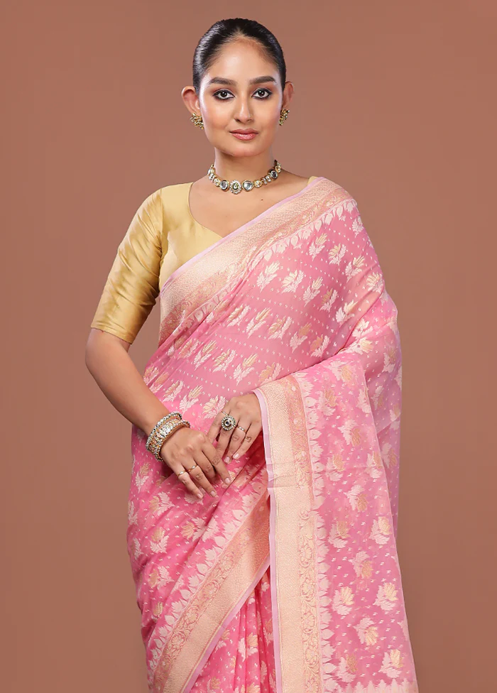 Pink Kora Silk Saree With Blouse Piece