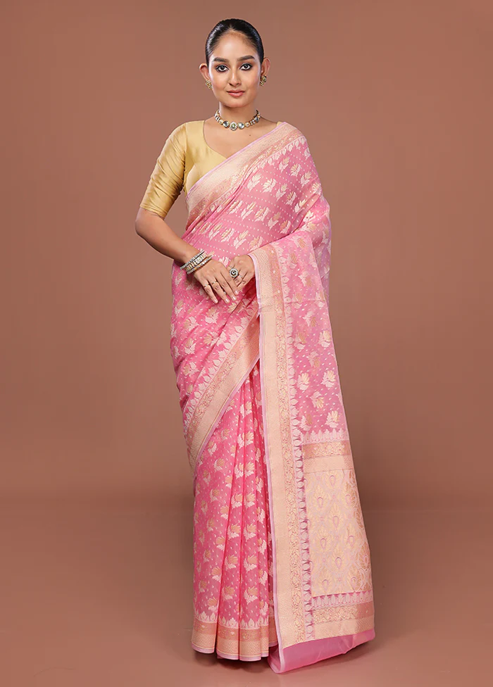 Pink Kora Silk Saree With Blouse Piece - Image 2