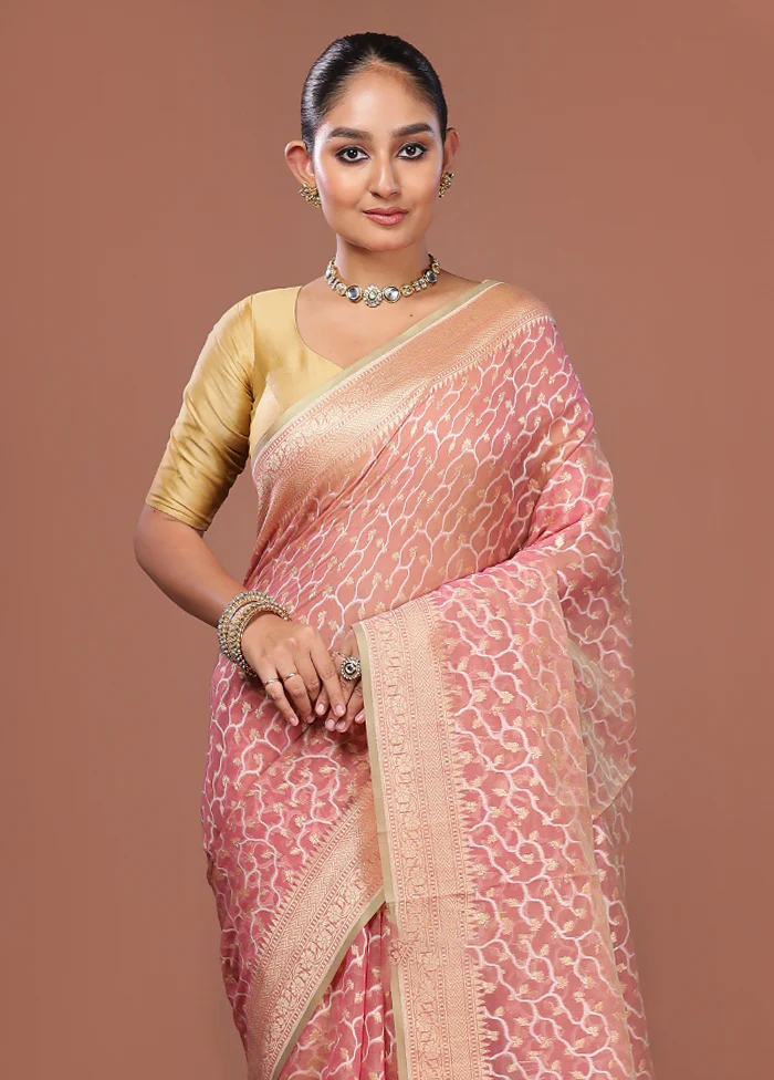 Pink Kora Silk Saree With Blouse Piece