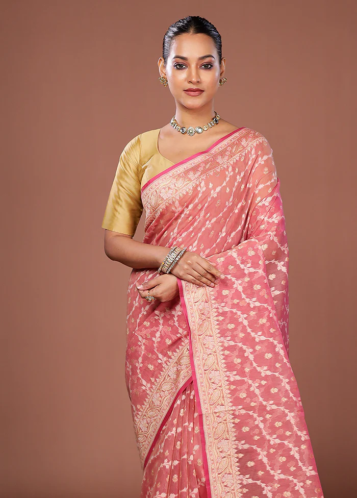 Pink Kora Silk Saree With Blouse Piece