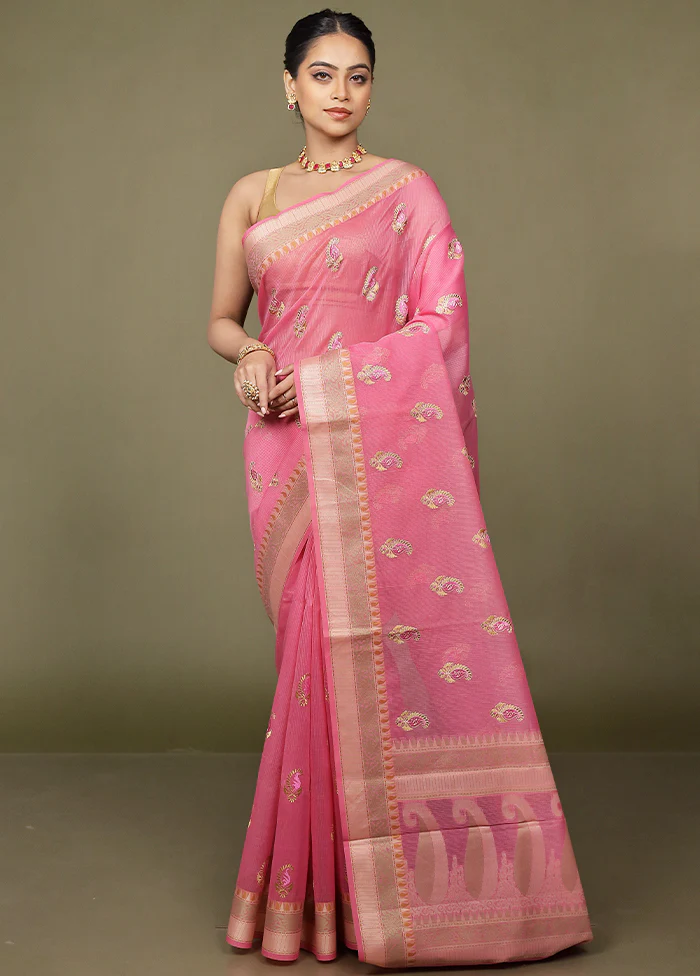 Pink Kota Cotton Saree With Blouse Piece - Image 2