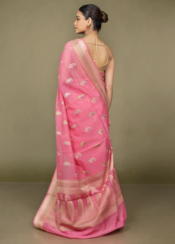 Pink Kota Cotton Saree With Blouse Piece - Image 3
