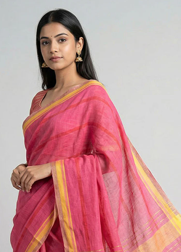 Pink Linen Silk Saree With Blouse Piece - Image 2