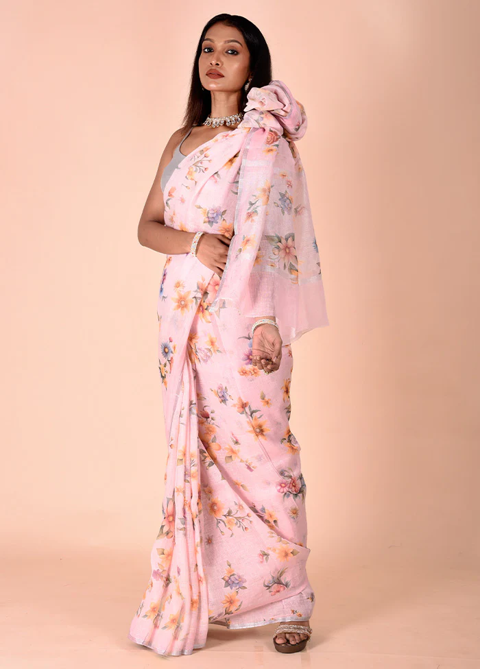 Pink Linen Silk Saree With Blouse Piece - Image 4