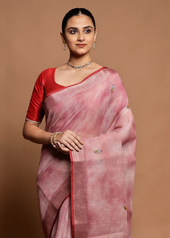 Pink Linen Silk Saree With Blouse Piece - Image 2