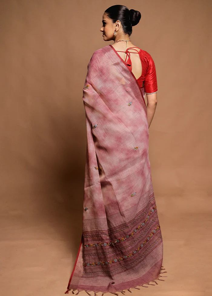 Pink Linen Silk Saree With Blouse Piece - Image 3