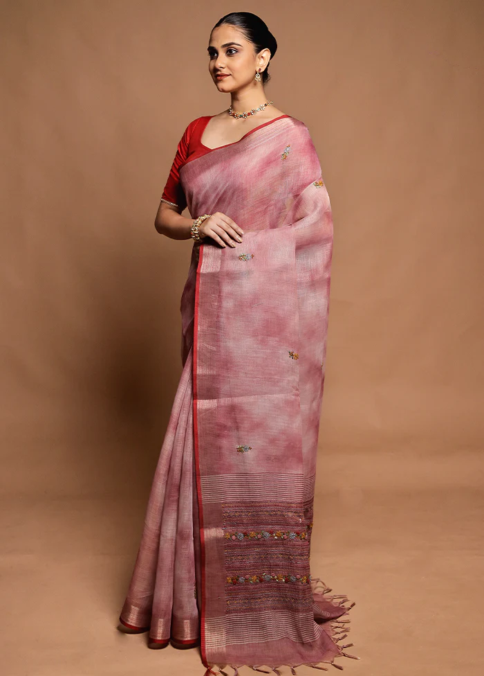 Pink Linen Silk Saree With Blouse Piece - Image 4