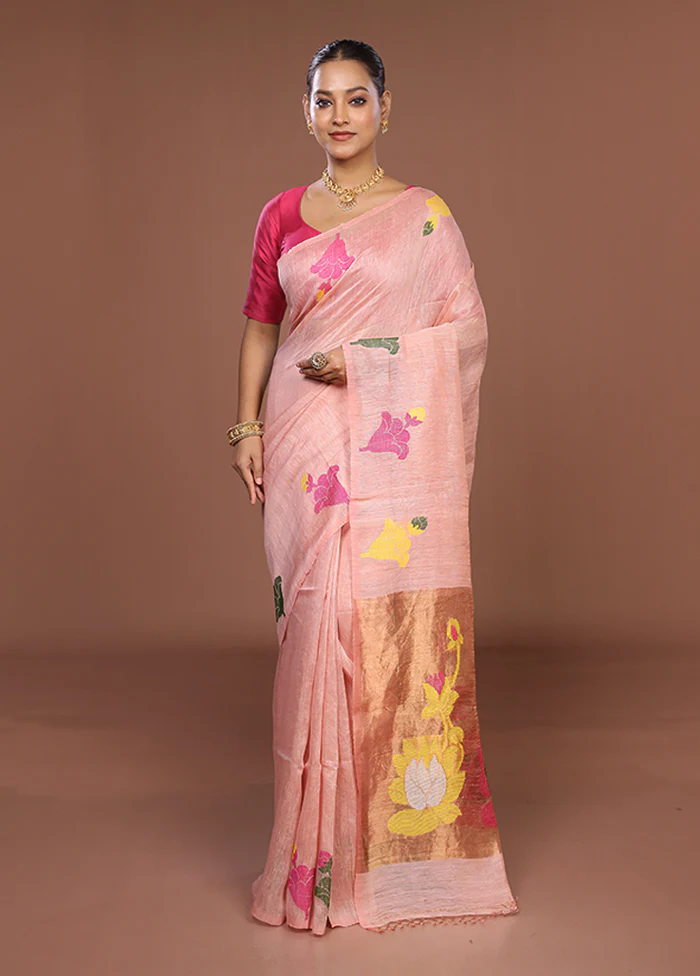 Pink Linen Silk Saree With Blouse Piece - Image 2