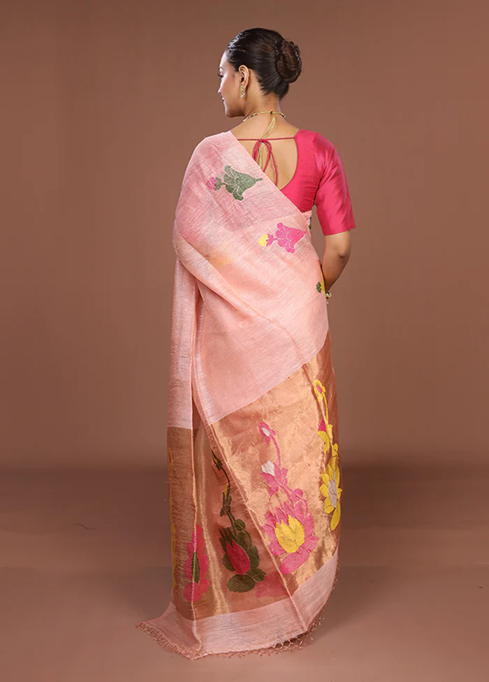 Pink Linen Silk Saree With Blouse Piece - Image 3
