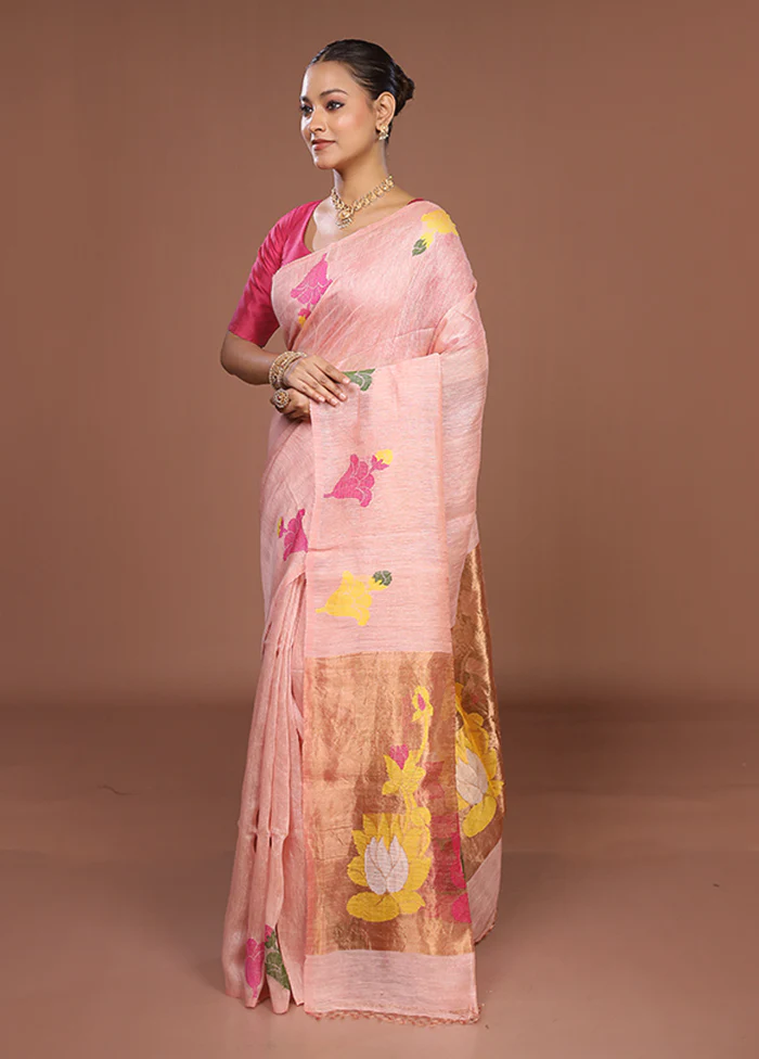 Pink Linen Silk Saree With Blouse Piece - Image 4