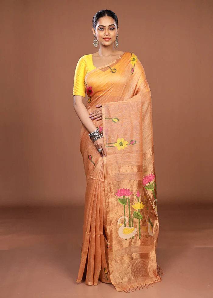 Pink Linen Silk Saree With Blouse Piece - Image 2