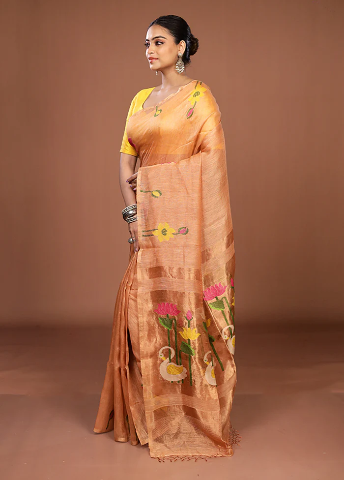 Pink Linen Silk Saree With Blouse Piece - Image 4