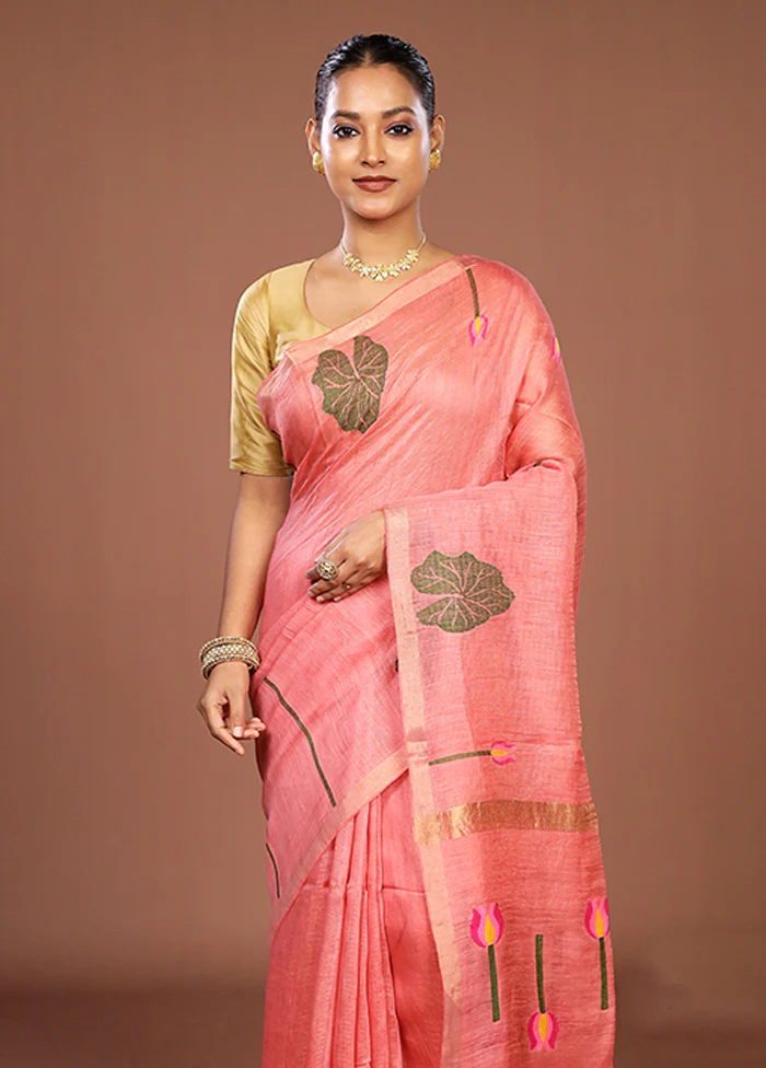Pink Linen Silk Saree With Blouse Piece