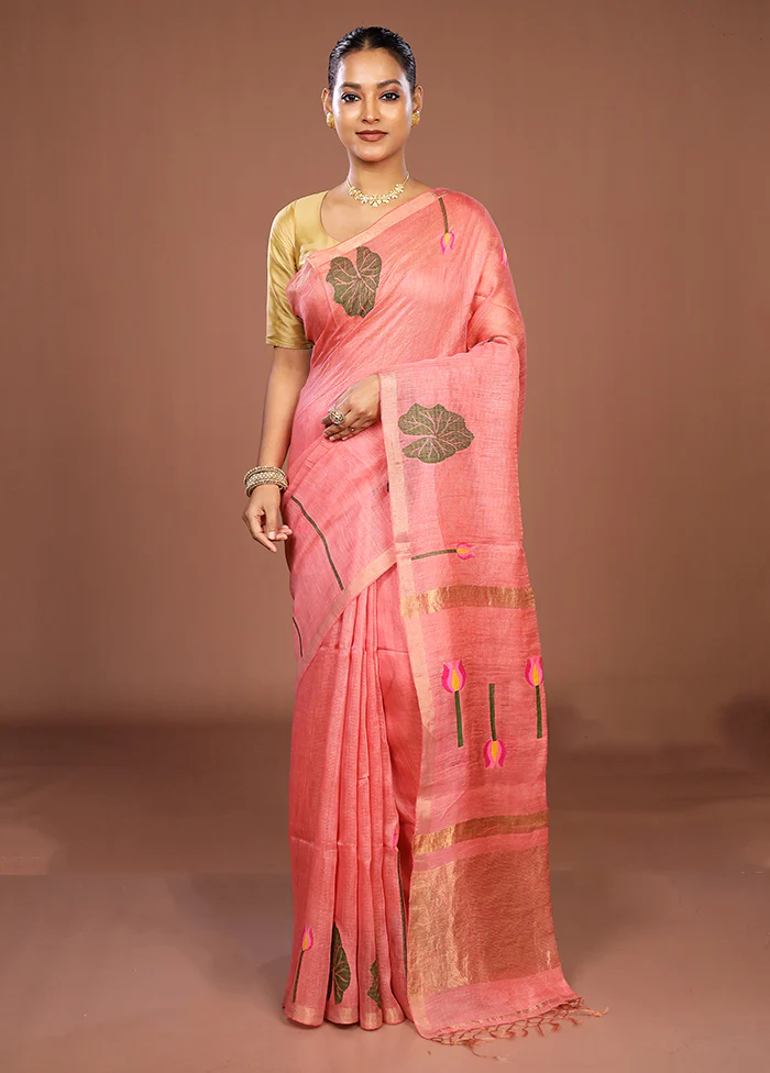 Pink Linen Silk Saree With Blouse Piece - Image 2