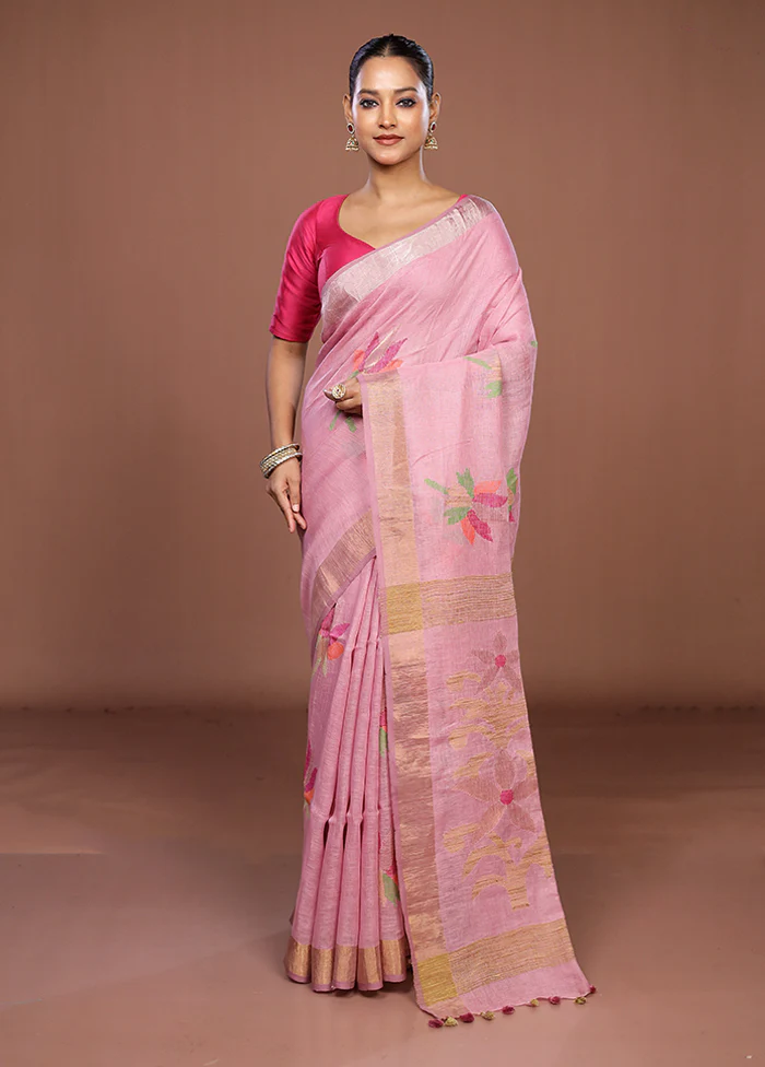Pink Linen Silk Saree With Blouse Piece - Image 2