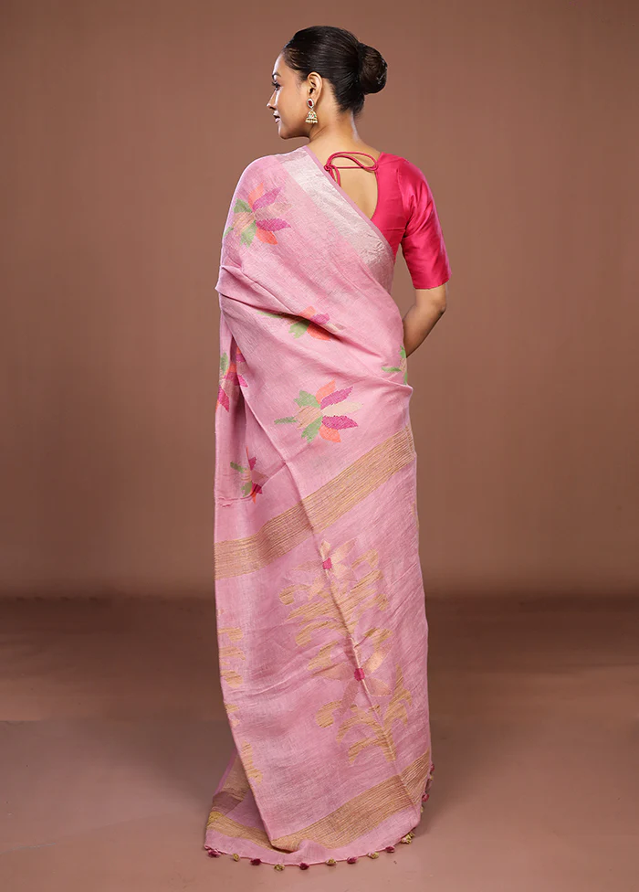 Pink Linen Silk Saree With Blouse Piece - Image 3