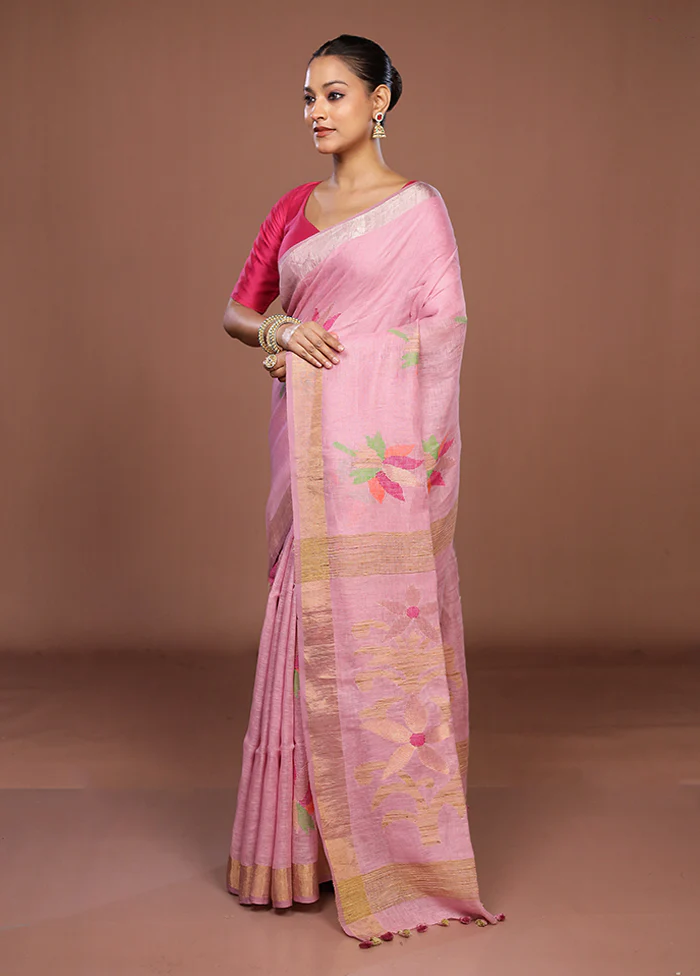 Pink Linen Silk Saree With Blouse Piece - Image 4